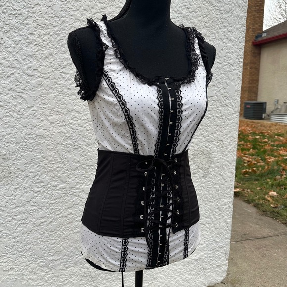 Tripp‎ NYC Vtg y2k Black White Polka Dot Corset Top Women's Size Small Lace Trim - Picture 3 of 12